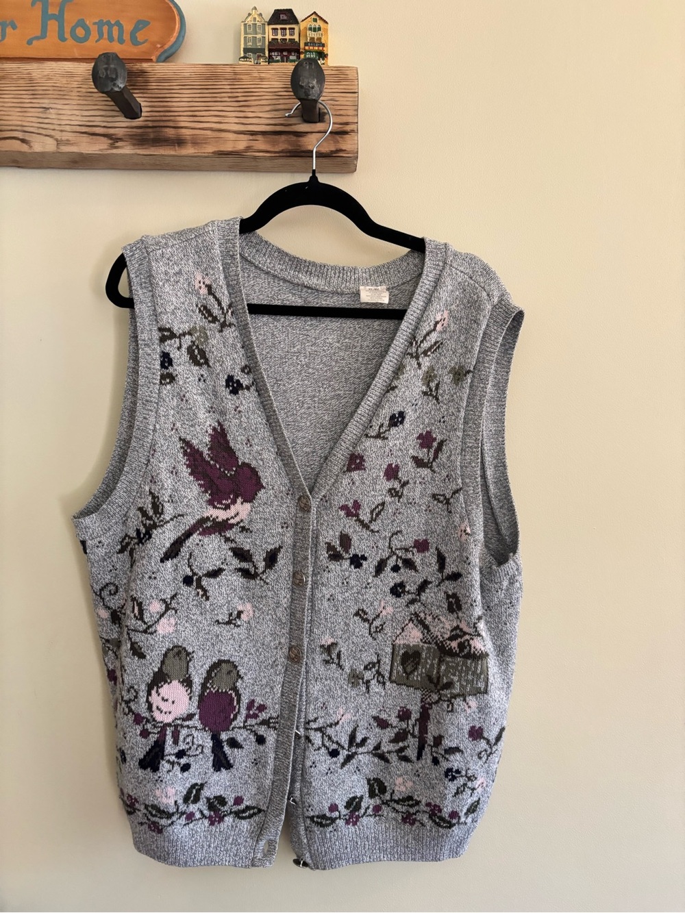 13.) Vintage / Gray Floral Bird Knit Vest - Cottagecore
